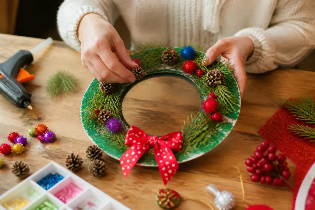 Bricolage couronne de noel avec assiette en carton : étapes